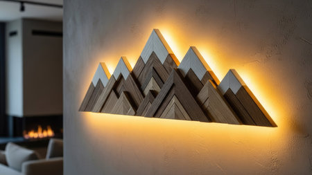 A decorative wooden mountain range art piece is mounted on a wall. The artwork is composed of various wooden elements and enhanced by warm ambient lighting. The scene suggests an indoor setting with potential for use in home decor or interior design projects, and suitable for commercial applications.の素材