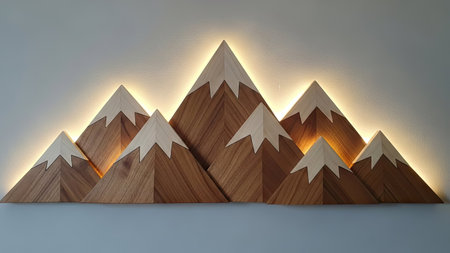 This image presents a handcrafted wooden mountain range, featuring illuminated peaks. The composition highlights geometric forms, showcasing the natural wood grain and contrasting white accents. The lighting creates a warm ambiance. Suitable for interior design projects, marketing materials, and editorial content.の素材