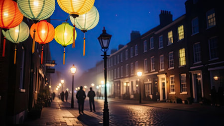An evening street scene features colorful hanging lanterns, casting vibrant light on the cobblestone walkway. Buildings line the street, with streetlights illuminating the scene. The image suggests an outdoor, possibly urban environment, suitable for various commercial and editorial applications. People are seen walking in the distance.の素材