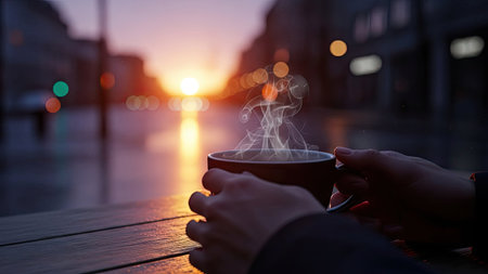 A person holds a dark mug of steaming coffee, set against a blurred city street scene. The warm, soft light of a sunset bathes the composition. This image emphasizes the drink and atmosphere. Could be useful for commercial and editorial purposes related to beverages or leisure.の素材