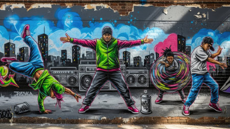 A group of dancers perform in front of a colorful graffiti mural. The artwork showcases a cityscape and boomboxes. The composition highlights movement and dynamism, with vivid colors and striking visual contrast. This image could be suitable for various commercial or editorial applications related to urban culture or art.の素材