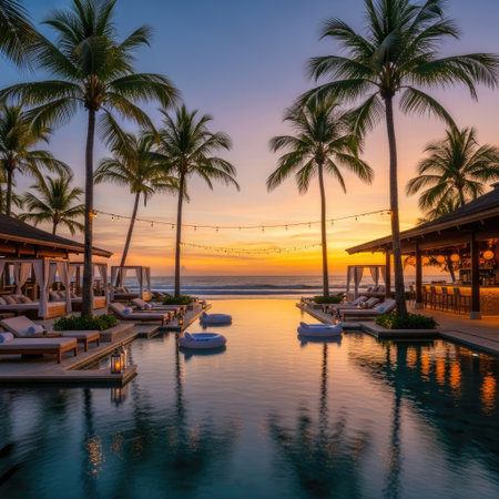 A tranquil scene features a resort pool reflecting the warm hues of a sunset. Palm trees frame the water, with cabanas and lounge chairs arranged around the pool's edge. The composition utilizes a low-angle perspective. Ideal for promotional materials or editorial content related to travel and relaxation.の素材