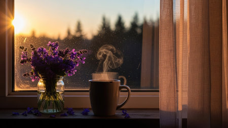 A close-up captures a coffee cup with rising steam, placed near a vase of purple flowers and a window. Warm sunlight streams in, illuminating the scene and creating a soft glow. The composition hints at a tranquil moment suitable for various commercial or editorial applications.の素材