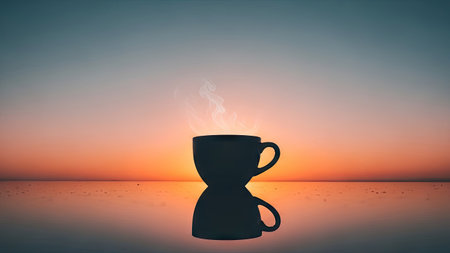 A silhouette of a coffee cup is positioned against a vibrant sunset. The composition features a symmetrical reflection on a smooth surface. Warm colors dominate the scene with a gradient sky. This image is suitable for various commercial applications, including editorial and marketing visuals.の素材