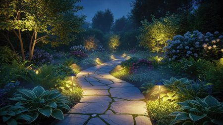 A stone pathway winds through a garden, highlighted by soft lighting at night. Lush foliage and various plant species line the path. The scene is enveloped in a dim, atmospheric glow. This image could be used for editorial and commercial purposes.の素材