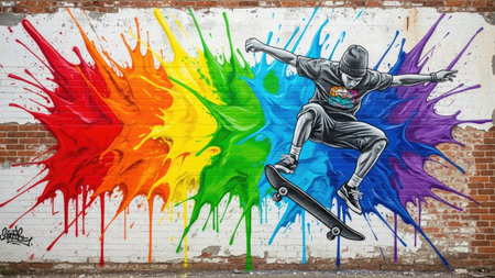 A skateboarder is depicted performing a trick in front of vibrant graffiti art. The artwork showcases a rainbow splash effect, with vivid colors and dynamic composition. This visual may be suitable for a variety of editorial or commercial purposes, including use in advertising or decorative projects.の素材
