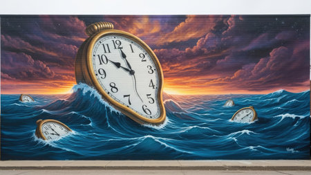 A painting depicts a large clock face melting into waves. The vibrant scene features a sunset or sunrise sky, with dramatic clouds. The artwork suggests concepts of time, change, and fluidity. Its visual characteristics make it suitable for a variety of editorial and commercial applications.の素材