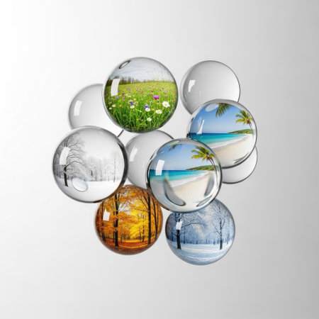 Numerous transparent spheres, each displaying a different landscape, are arranged against a simple gray backdrop. The spheres reflect scenes of beaches, forests, and snowy environments. The composition features high-key lighting, emphasizing the details and textures. Suitable for illustrating environmental concepts and visual design.の素材