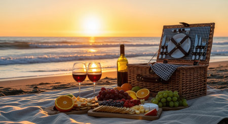 A picnic basket with wine, glasses, and food rests on a sandy beach, illuminated by a warm sunset. The scene showcases a collection of fruits, cheese, and crackers, creating an inviting setting. The composition features a low-angle perspective, emphasizing the beach environment with potential for editorial and commercial use.の素材
