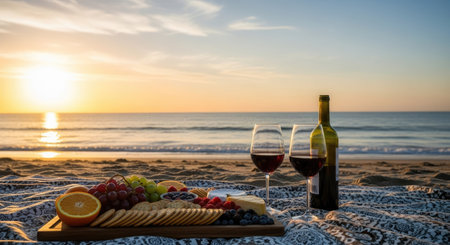 A close-up captures a beach scene featuring a picnic spread. A wooden serving tray holds an arrangement of fruit, crackers, and snacks. Two wine glasses and a bottle sit beside the tray. Warm sunlight bathes the scene, highlighting the textures of food and cloth. Suitable for commercial and editorial applications.の素材