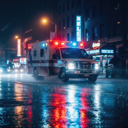 An ambulance with illuminated emergency lights drives along a rain-slicked city street at night. The vehicle's red and blue flashing lights reflect on the wet pavement. Buildings are visible in the background. This image is suitable for various editorial and commercial applications.の素材