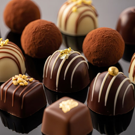 An overhead shot reveals an arrangement of chocolate truffles, each with a unique shape and topping. The dark, glossy surfaces of the treats are contrasted by lighter decorative elements. The scene is presented on a black surface, enhancing visual appeal, and suitable for culinary or advertising purposes.の素材