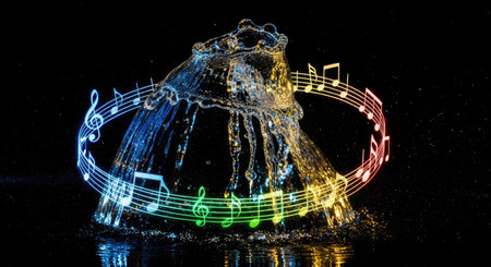 An artistic depiction presents a water fountain adorned with colorful musical notes. The water, captured in mid-air, creates an abstract form. The composition utilizes a dark background, enhancing the visual impact of the vibrant notes. This image can be applied to various creative projects, including editorial and commercial purposes.の素材