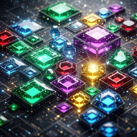 This image presents an assortment of vibrant gemstones arranged on a dark, patterned background suggesting a circuit board. The gems vary in shape, exhibiting a spectrum of colors. A central point of light and sparkling effects add visual interest. It may be suitable for illustrating concepts of technology, data, or design.の素材