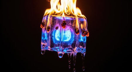 A striking visual features a translucent cube enveloped in intense flames. The fire showcases bright yellow and orange hues, juxtaposed against the cube's cool blues and purples. Dripping effects and a dark background emphasize the central subject. This image could be used for conceptual art or creative designs.の素材