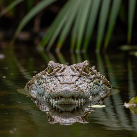 A crocodile's head emerges from tranquil water, showcasing detailed scales and intense eyes. The image captures a close-up view with natural lighting, highlighting the reptile's texture and form. This scene, with its naturalistic style, could be suitable for various editorial and commercial applications. The composition emphasizes the animal's presence.の素材