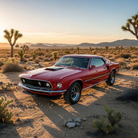 A vintage red car is the main subject in this desert scene. The composition features the car prominently, bathed in the warm light of sunset. The background reveals a dry, desert environment with sparse vegetation and distant mountains, creating a sense of isolation. This image could be used for automotive, travel, or lifestyle projects.の素材