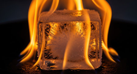 A close-up captures a transparent ice cube engulfed in vibrant orange flames. The contrast of cold and hot is striking. The image displays textures, suggesting an abstract concept against a dark backdrop. Suitable for various visual projects, it may be used for conceptual or commercial purposes.の素材
