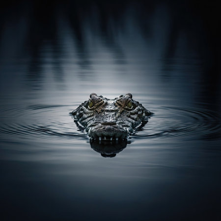 An alligator is pictured with its eyes and part of its head above the water's surface. The image exhibits a dark color palette with reflections and ripples on the water. This picture could be used for various purposes including educational content or editorial illustrations.の素材