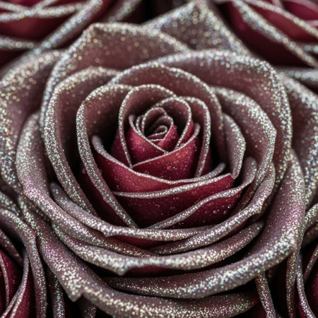 This close-up image presents a rose blossom covered in shimmering glitter. The petals display a gradient of deep red to silver tones, and a soft focus suggests depth. This photograph could be used for various commercial projects. The detailed texture and lighting provide an elegant visual effect suitable for backgrounds and artistic applications.の素材