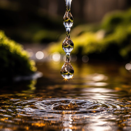 Captured in macro, the image features water droplets suspended above a reflecting water surface. The composition highlights the droplet formations and ripples. Warm tones and natural lighting create a serene atmosphere. Suitable for a range of uses, the image has potential in advertising and editorial contexts.の素材