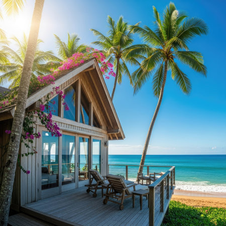 A wooden cottage with a deck overlooks a turquoise ocean, framed by lush green palm trees. The scene is bathed in warm sunlight, suggesting a tropical setting. The composition emphasizes the natural beauty and the inviting architecture, suitable for commercial projects.の素材