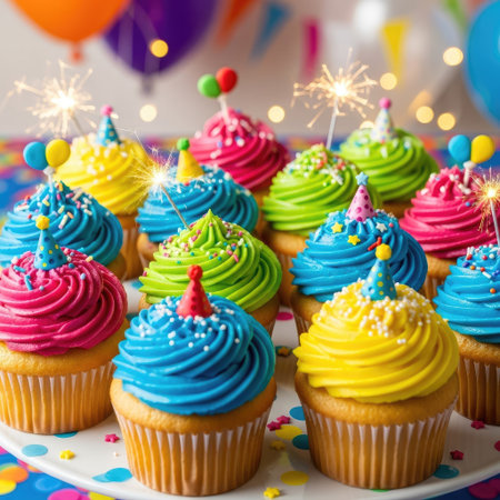 A collection of vibrantly frosted cupcakes are arranged on a white platter. The cupcakes feature various colors including blue, yellow, and pink, topped with small party hats and sparklers. The scene suggests a celebration setting, potentially for a birthday or special event, suitable for commercial projects.の素材