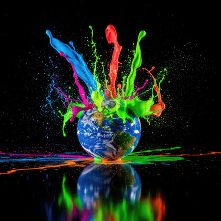An artistic representation features a globe surrounded by a burst of vividly colored paint against a dark backdrop. The paint splash displays a diverse array of hues, creating a dynamic visual effect. Ideal for promotional materials or editorial content, this image suggests themes of creativity and global concepts.の素材