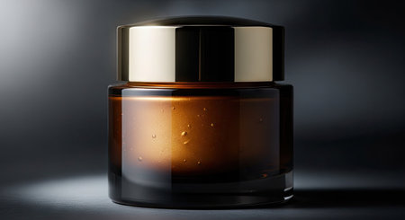 A close-up view presents a cosmetic jar with a gold-colored lid and dark glass. The jar is set against a dark background, creating a dramatic contrast and highlighting the product. The composition is sleek and modern, suggesting use in beauty or skincare advertising. Potential applications could include promotional materials or editorial content.の素材