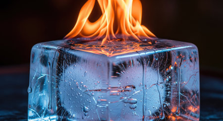 A striking visual features a transparent ice cube with flames seemingly burning on its top surface. The image showcases contrasting textures and colors, with the cool blue of the ice juxtaposed against the warm orange of the fire. The composition, set against a dark backdrop, lends itself to various editorial and commercial uses.の素材