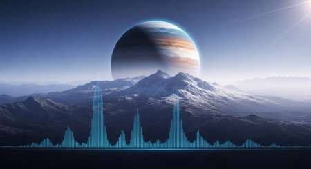An awe-inspiring digital illustration showcases a planet above towering mountain range, set against a gradient sky. The scene uses cool tones with highlights and shadows, presenting a landscape of imagination. This image could serve various purposes, including promotional content or creative projects.の素材