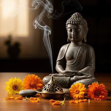 A detailed image showcases a serene Buddha statue surrounded by vibrant flowers and an incense burner emitting smoke. The composition features rich colors, soft textures, and diffused lighting. It suggests a spiritual or meditation practice, potentially suitable for wellness, relaxation, or editorial use.の素材