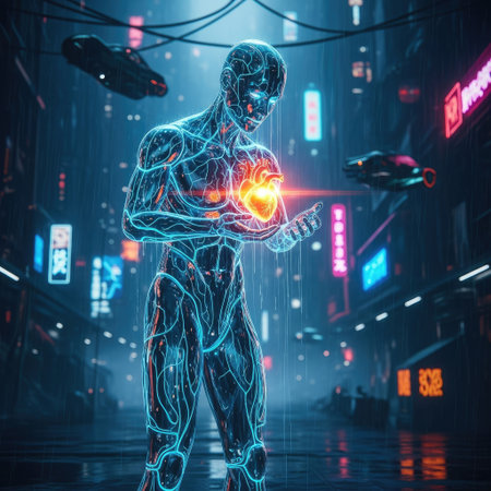 A cyborg figure, rendered in vibrant neon blue and orange, cradles a glowing heart within a futuristic cityscape. The digital art style emphasizes sharp lines and intricate details. The setting suggests a technological environment, with potential applications for digital art and science fiction projects, showcasing elements of advanced technology.の素材
