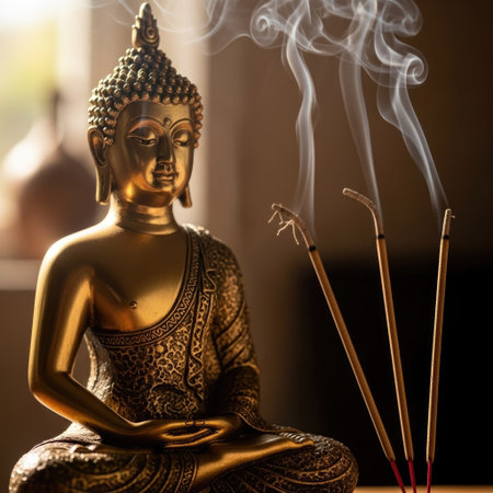 A golden Buddha statue is the central focus, emanating an aura of serenity. Wisps of smoke from burning incense sticks gracefully ascend against a dark background. The scene displays warm lighting and a sense of tranquility, suitable for various editorial and commercial applications.の素材