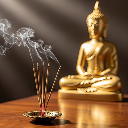 A golden Buddha statue is featured with lit incense sticks and rising smoke on a wooden table. The composition includes focus on light and shadow, highlighting the statue's details. This image may be suitable for various commercial uses, including website content or editorial articles.の素材