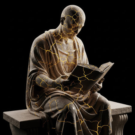 A sculpted figure sits and reads a book, golden veins course through its form against a stark black backdrop. The lighting highlights the textures and details of the statue. Ideal for conceptual projects, this artwork may be suitable for editorial and design purposes.の素材