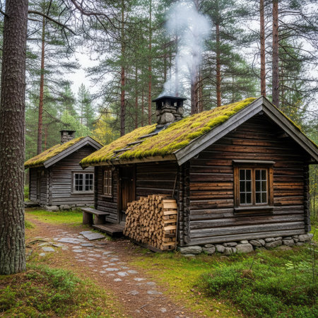 Two weathered wooden cabins are situated amidst a dense forest setting. The cabins feature moss-covered roofs and smoking chimneys, hinting at warmth. Surrounding the cabins are trees and a path. The image can be used for editorial and commercial projects showcasing nature and living in peace.の素材