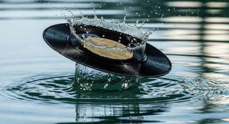 A black vinyl record interacts with water, creating a dynamic crown-shaped splash. The image showcases a close-up perspective with detailed textures and natural lighting. Suitable for artistic concepts, music-related projects, or visual content requiring unique imagery for editorial and commercial use.の素材