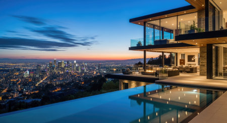A contemporary home features an infinity pool reflecting the building and a distant cityscape. The image showcases large glass windows, minimalist design, and an outdoor living area. The lighting suggests dusk or dawn, offering opportunities for real estate, architectural, and travel publications.の素材