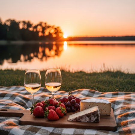 A close-up captures a picnic with wine, cheese, and fruit set against a lake at sunset. Two glasses of wine, strawberries, grapes, and various cheese pieces are on a wooden board. The composition features warm lighting, soft focus, and a natural setting, suitable for lifestyle and editorial content.の素材