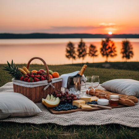 A picnic is arranged on a blanket beside water with a setting sun. The scene features a basket filled with fruits, a bottle, glasses, and a wooden board with bread and cheese. The warm tones and soft lighting suggest a relaxed atmosphere suitable for various visual projects.の素材