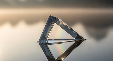A triangular prism refracts light, generating a rainbow spectrum against a blurred water surface. The composition features a geometric form with reflective qualities and soft lighting. This image is suitable for various commercial applications, including educational content and abstract visual projects.の素材
