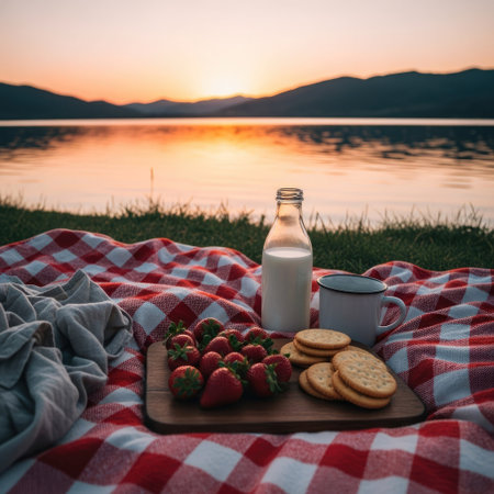 A picnic setup features a red-and-white checkered blanket with a bottle of milk, cup, strawberries and crackers. The composition is set against the backdrop of a lake and a colorful sunset. The scene suggests a relaxing moment, suitable for commercial or editorial use. The overall lighting is warm, enhancing the inviting atmosphere.の素材