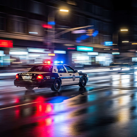 A police car speeds down a wet city street at night, its lights and reflections creating streaks. The scene is illuminated by neon signs and streetlights. This dynamic image could be used for editorial content related to law enforcement, urban environments, or crime.の素材