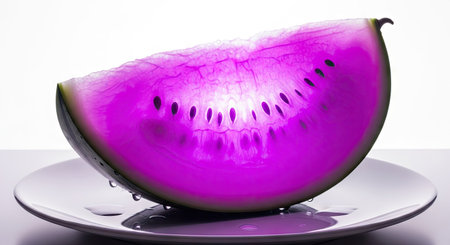 A visually striking image presents a slice of watermelon, vividly colored in purple hues, resting on a white plate. The composition features high-key lighting, enhancing the texture of the fruit and the clean lines of the plate. This image is suitable for various applications, including advertising and editorial content.の素材