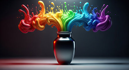 An artistic image features a metallic vase overflowing with a spectrum of vivid rainbow-colored paint. The fluid paint forms dynamic shapes against a dark backdrop. The composition is illuminated, suggesting a studio setting, suitable for various design, advertising, and creative projects.の素材