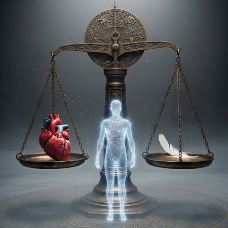 A conceptual illustration showcases a balanced scale with a human figure at its center, representing equilibrium. One scale holds a realistic heart, the other a feather. The image utilizes dramatic lighting and a digital art style. Suitable for editorial and commercial projects, it suggests themes of life, health, and judgment.の素材