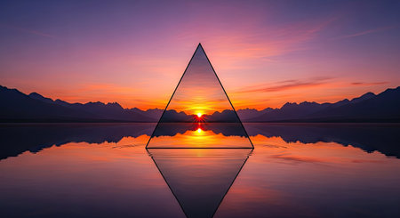 A transparent pyramid shape is centered, reflecting a vibrant sunset over tranquil water. The scene features deep oranges, purples, and blues, with a mirrored effect on the water's surface. Mountains are silhouetted in the background. This image is suitable for various conceptual projects and creative design applications.の素材