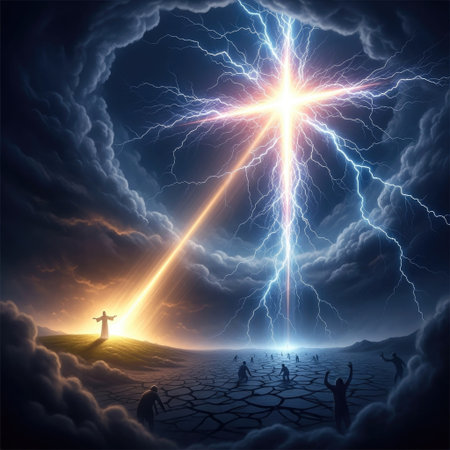 A striking composition features a luminous cross of light piercing through dark, swirling clouds, illuminating a landscape below. The scene is dominated by a brilliant color palette of blues, yellows, and oranges, with dynamic lightning bolts. This visually powerful image may be suitable for editorial or illustrative purposes.の素材