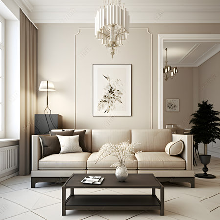 Modern interior design of apartment, living room with beige sofa over the light stucco wall, 3d renderingの写真素材